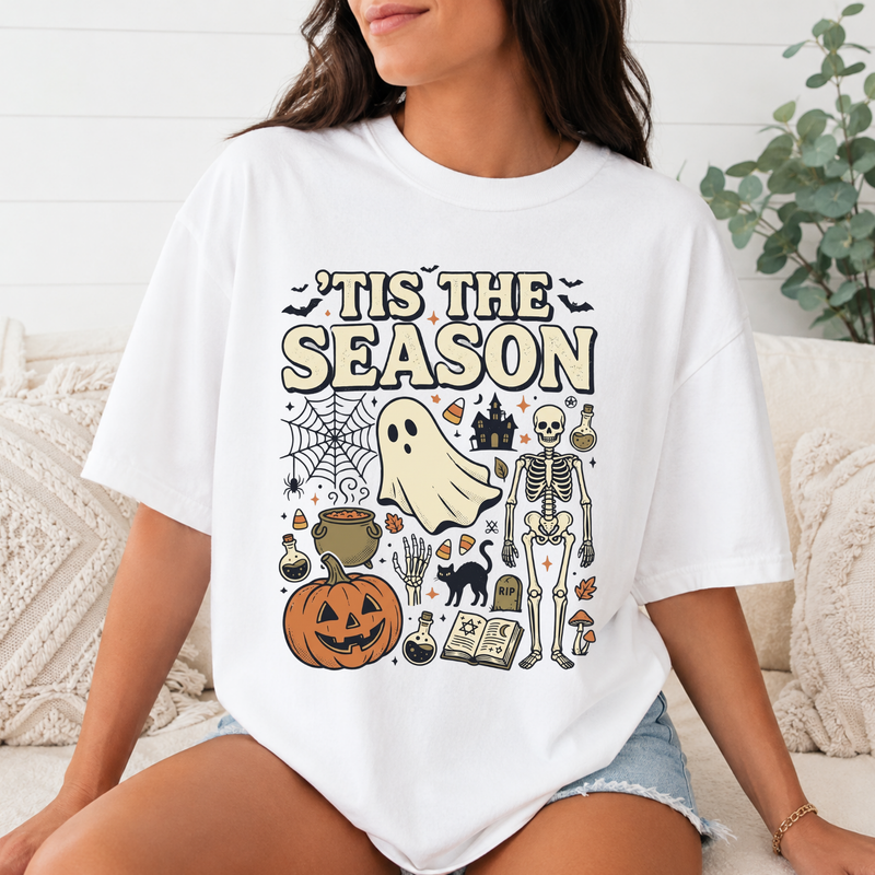 Comfort Colors ’Tis the Season Halloween T-Shirt, Spooky Ghost Skeleton Pumpkin Tee, Vintage Witchy Black Cat Shirt, Halloween Gift