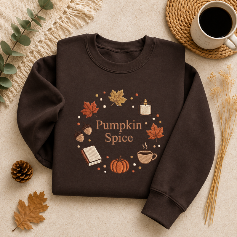 Pumpkin Spice Fall Sweatshirt, Cozy Autumn Crewneck Sweater, Coffee Pumpkin Leaves Graphic Pullover, Cute Book Lover Fall Sweatshirt