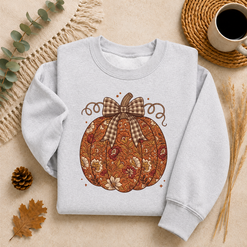 Floral Pumpkin Bow Fall Sweatshirt, Vintage Autumn Pumpkin Crewneck, Coquette Plaid Bow Sweater, Thanksgiving Fall Gift