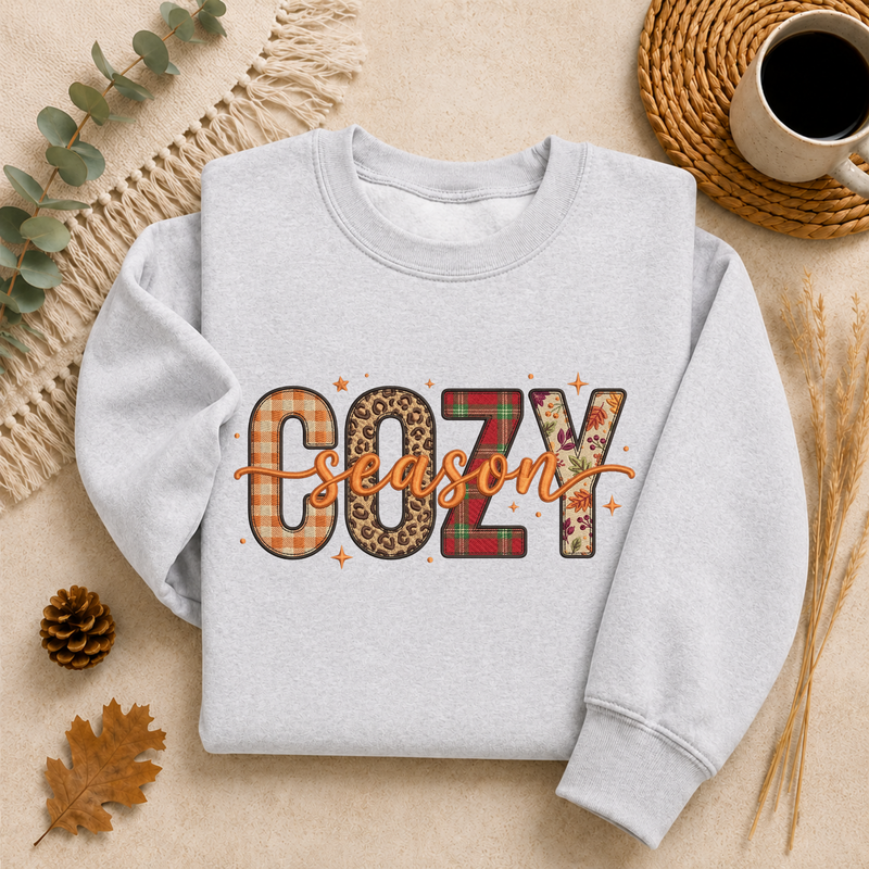 Cozy Season Fall Sweatshirt, Patchwork Autumn Crewneck Sweater, Plaid Leopard Floral Graphic Pullover, Cute Cozy Fall Gift