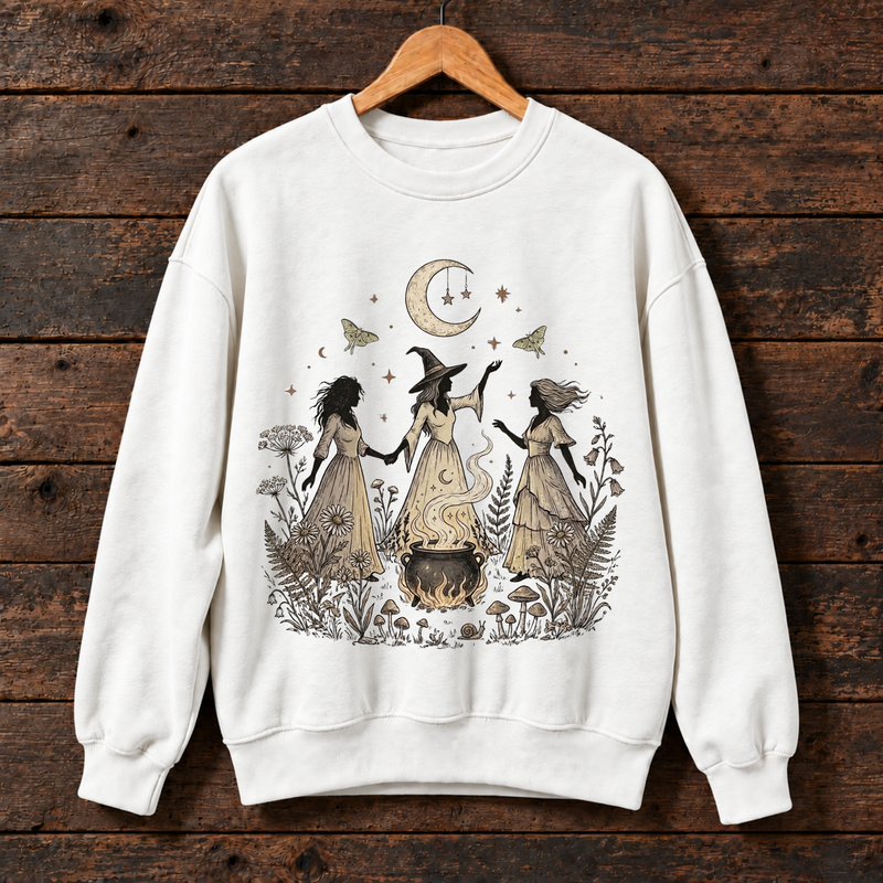 Witch Coven Sweatshirt, Mystical Cauldron Crewneck, Moonlit Witchy Floral Graphic Sweater, Cottagecore Halloween Gift