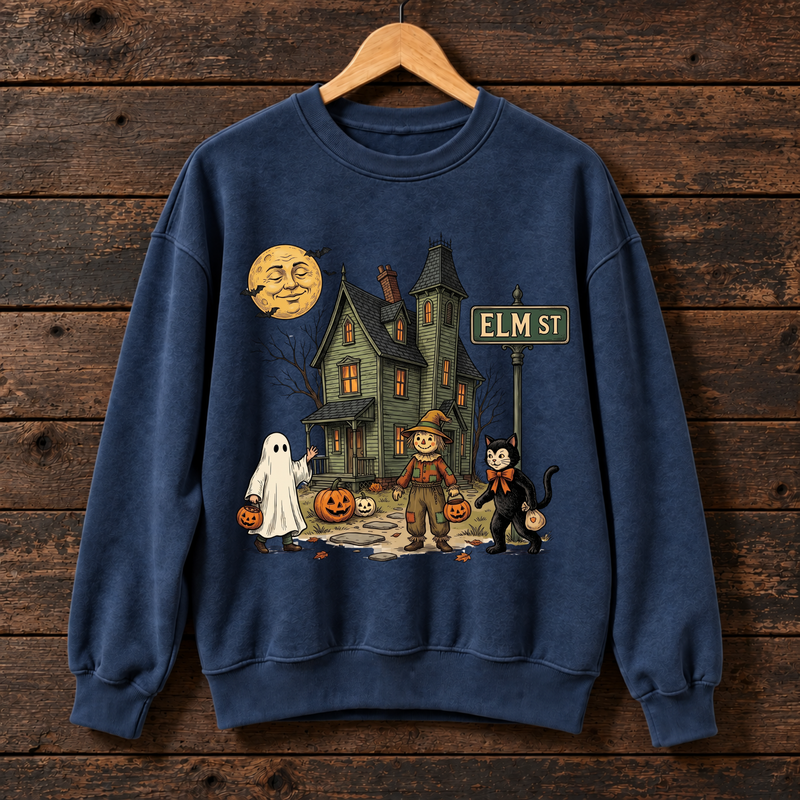 Halloween Elm Street Sweatshirt, Vintage Haunted House Pumpkin Ghost Design