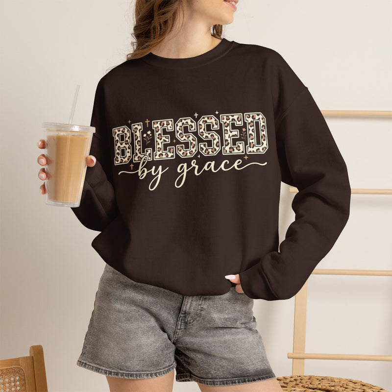Blessed by Grace Christian Sweatshirt, Leopard Print Faith Crewneck, Western Christian Graphic Sweater, Religious Gift for Her