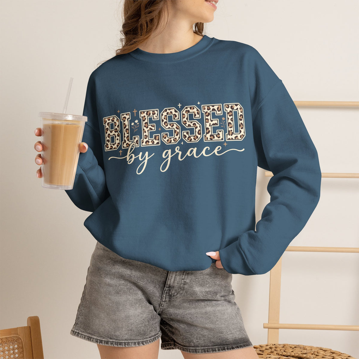 Blessed by Grace Christian Sweatshirt, Leopard Print Faith Crewneck, Western Christian Graphic Sweater, Religious Gift for Her