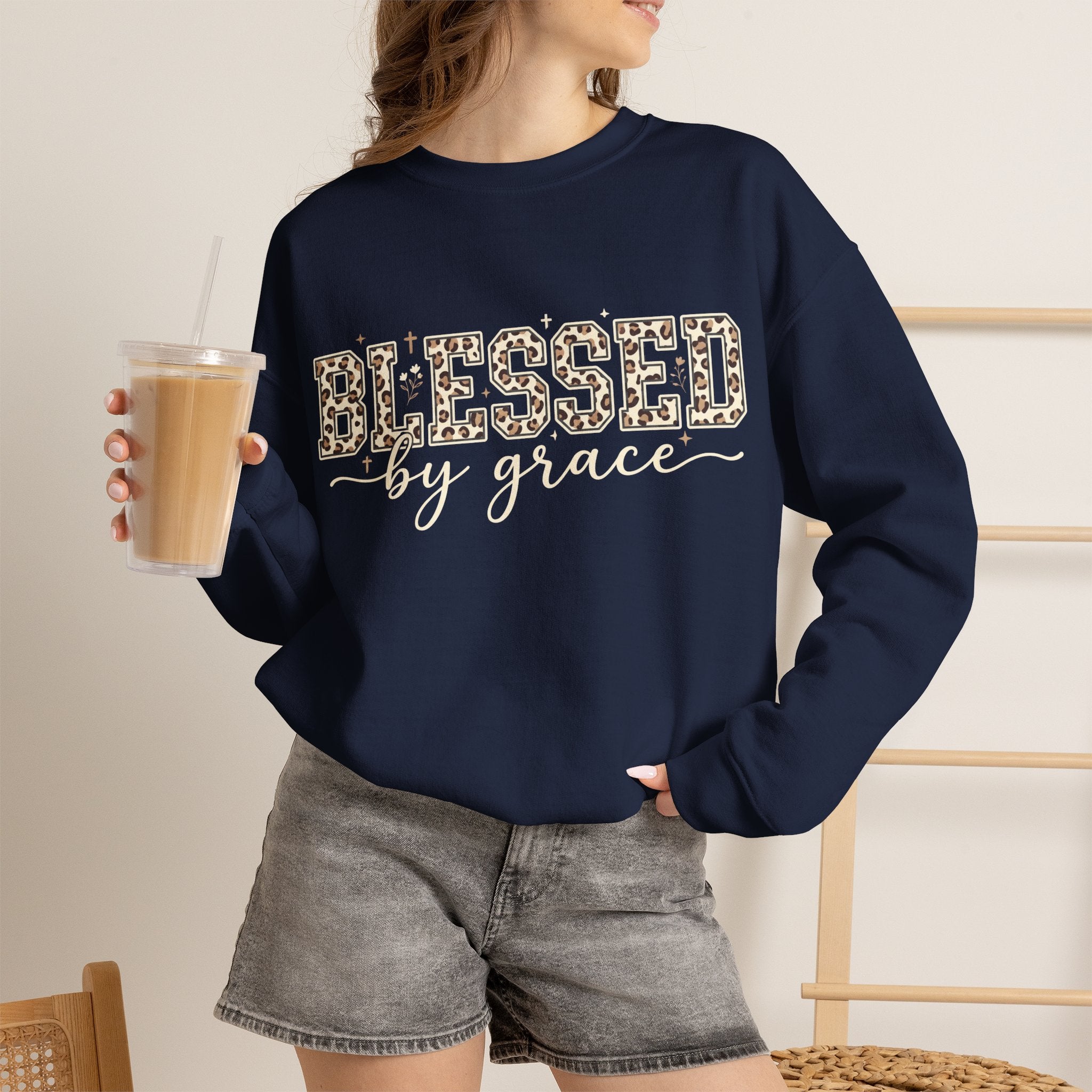 Blessed by Grace Christian Sweatshirt, Leopard Print Faith Crewneck, Western Christian Graphic Sweater, Religious Gift for Her