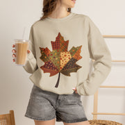 Patchwork Maple Leaf Fall Sweatshirt, Quilted Autumn Leaf Crewneck Sweater, Vintage Floral Plaid Thanksgiving Pullover, Cozy Fall Gift