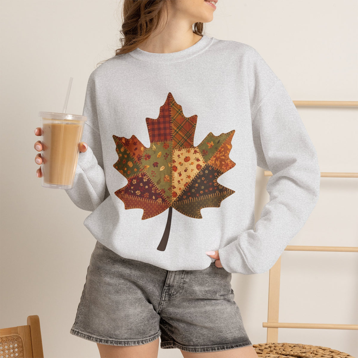 Patchwork Maple Leaf Fall Sweatshirt, Quilted Autumn Leaf Crewneck Sweater, Vintage Floral Plaid Thanksgiving Pullover, Cozy Fall Gift