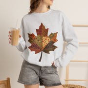 Patchwork Maple Leaf Fall Sweatshirt, Quilted Autumn Leaf Crewneck Sweater, Vintage Floral Plaid Thanksgiving Pullover, Cozy Fall Gift