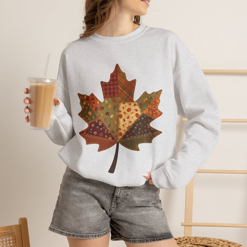 Patchwork Maple Leaf Fall Sweatshirt, Quilted Autumn Leaf Crewneck Sweater, Vintage Floral Plaid Thanksgiving Pullover, Cozy Fall Gift
