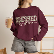 Blessed by Grace Christian Sweatshirt, Leopard Print Faith Crewneck, Western Christian Graphic Sweater, Religious Gift for Her