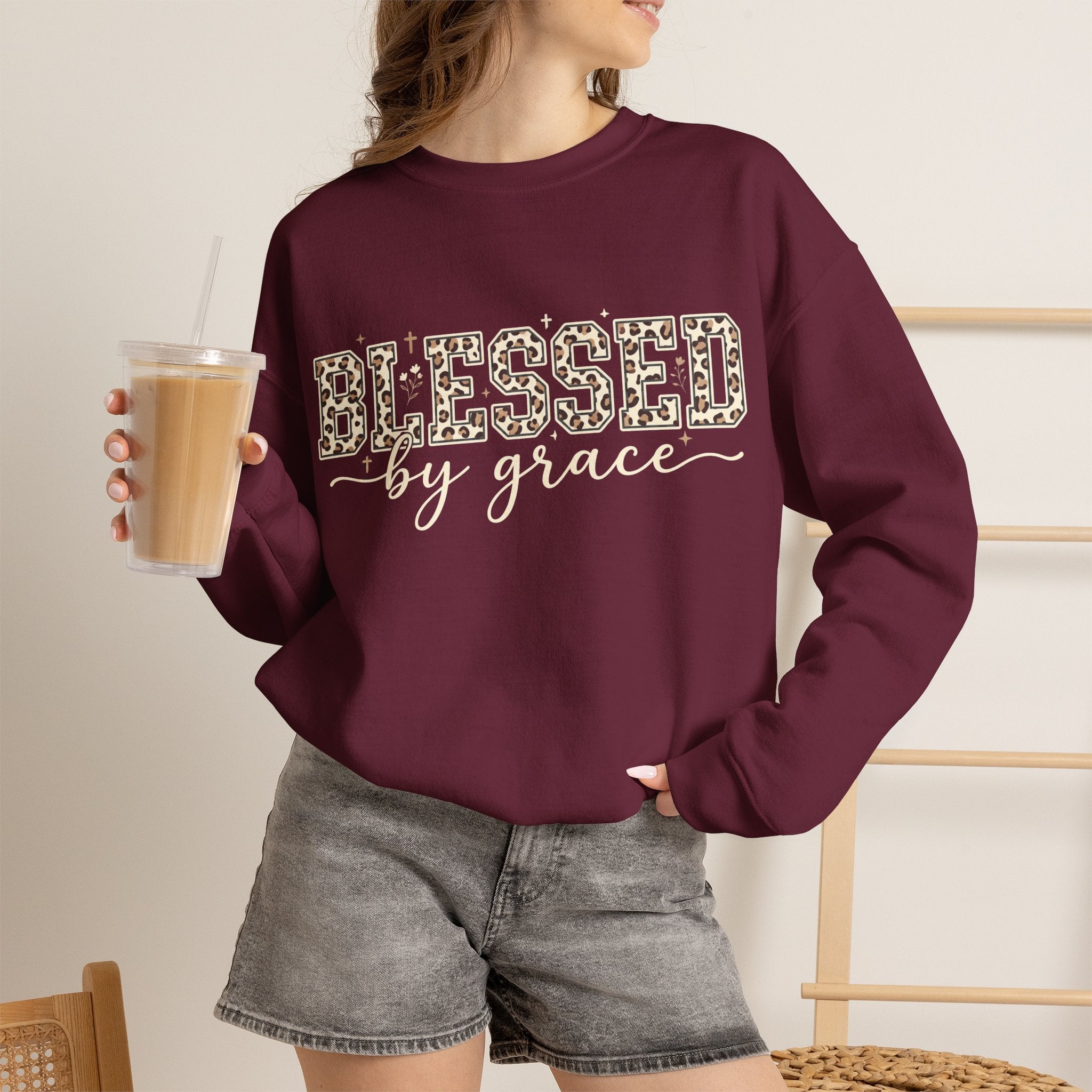 Blessed by Grace Christian Sweatshirt, Leopard Print Faith Crewneck, Western Christian Graphic Sweater, Religious Gift for Her
