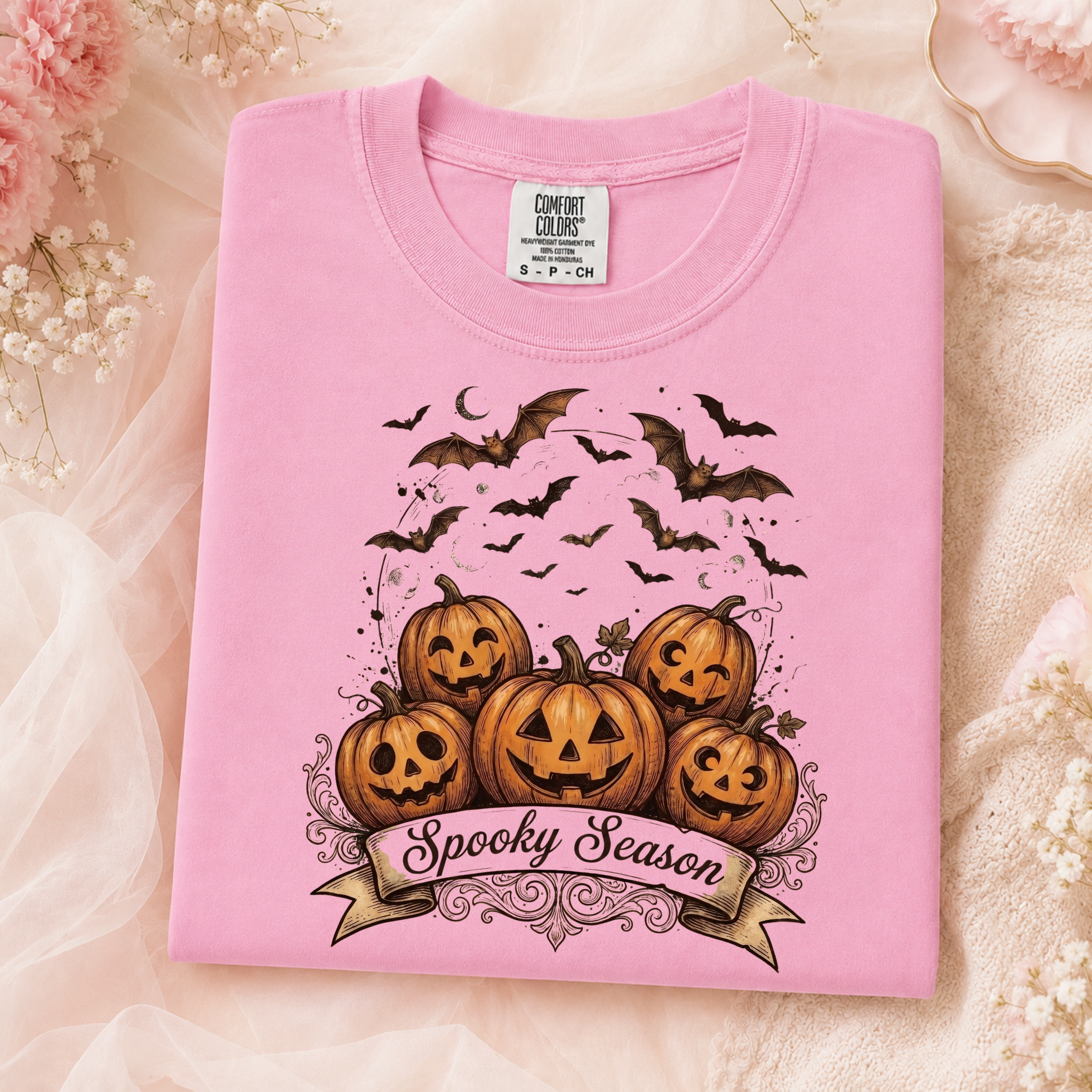 Comfort Colors Spooky Season Pumpkins Halloween Shirt, Vintage Jack O’ Lantern T-Shirt, Bats and Moon Fall Graphic Tee, Pumpkin Lover Halloween Gift