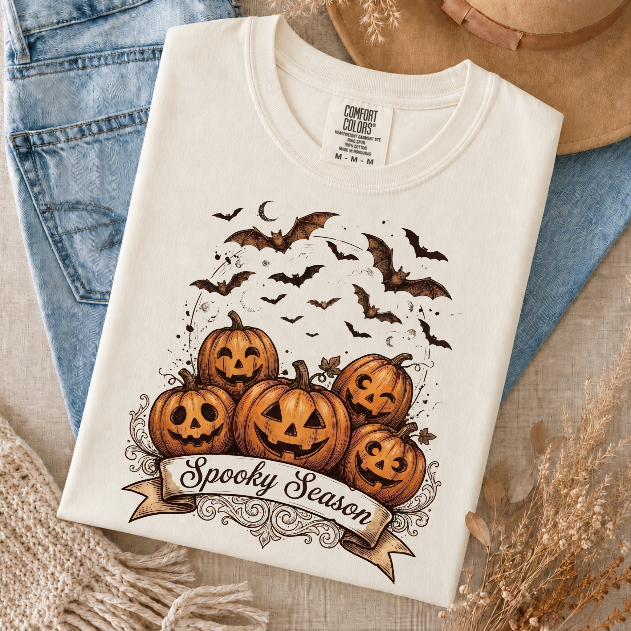 Comfort Colors Spooky Season Pumpkins Halloween Shirt, Vintage Jack O’ Lantern T-Shirt, Bats and Moon Fall Graphic Tee, Pumpkin Lover Halloween Gift