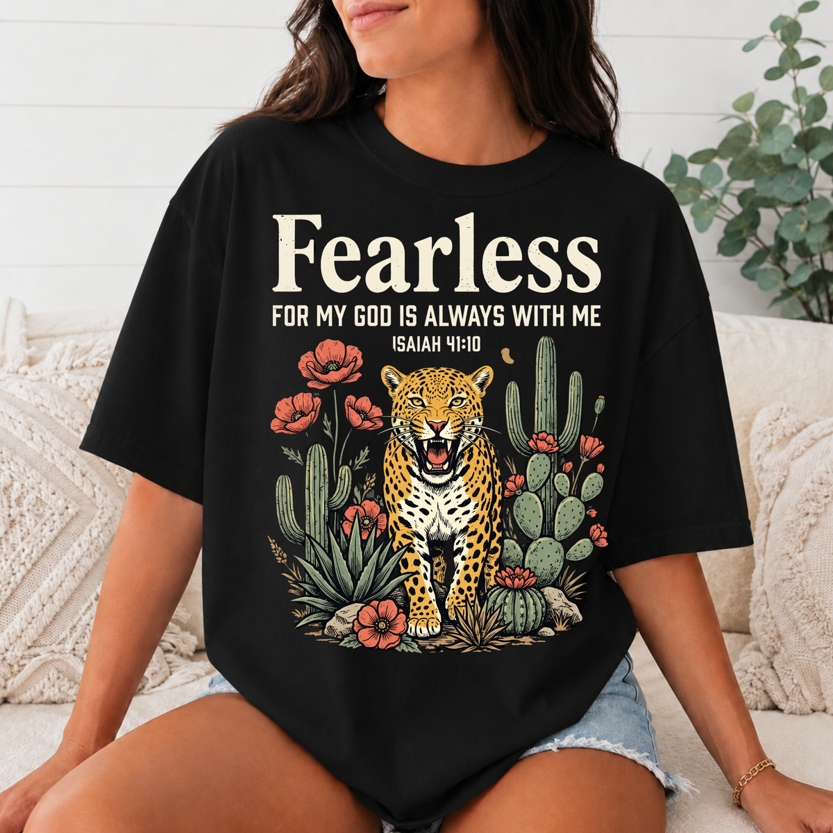 Fearless Christian Comfort Colors T-Shirt, Isaiah 41:10 Bible Verse Tee, Faith Leopard Cactus Shirt, God Is Always With Me Gift