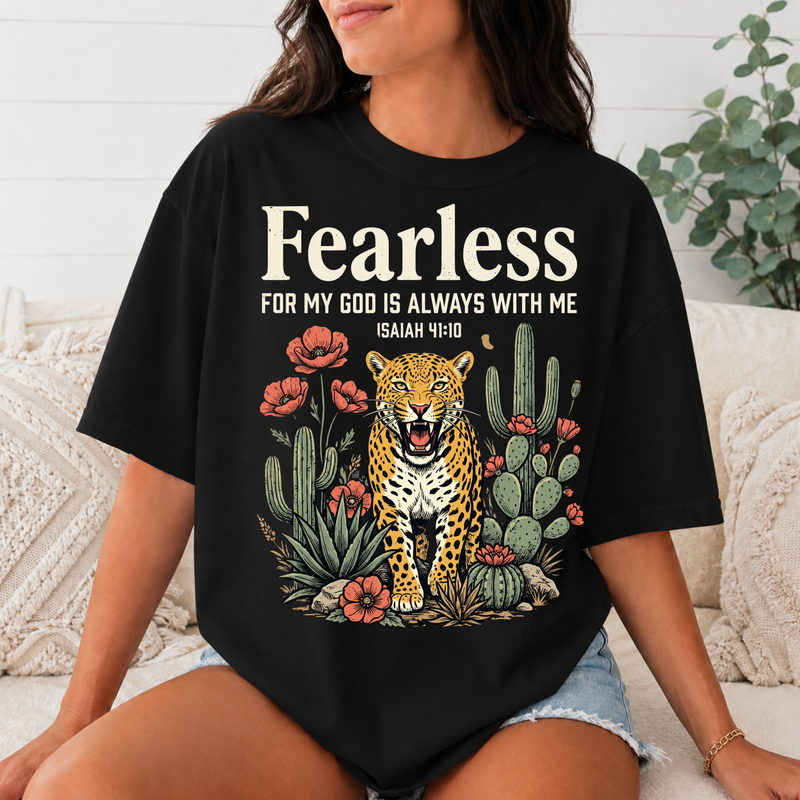 Fearless Christian Comfort Colors T-Shirt, Isaiah 41:10 Bible Verse Tee, Faith Leopard Cactus Shirt, God Is Always With Me Gift