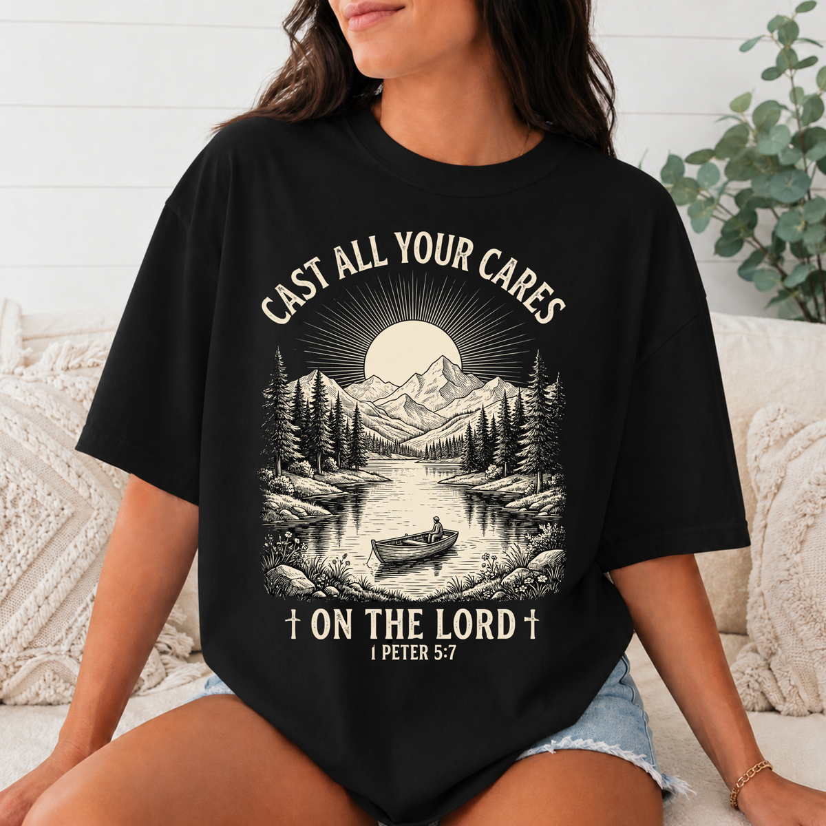 Comfort Colors Cast All Your Cares on the Lord Christian T-Shirt, 1 Peter 5:7 Bible Verse Tee, Mountain Fishing Faith Shirt, Christian Gift