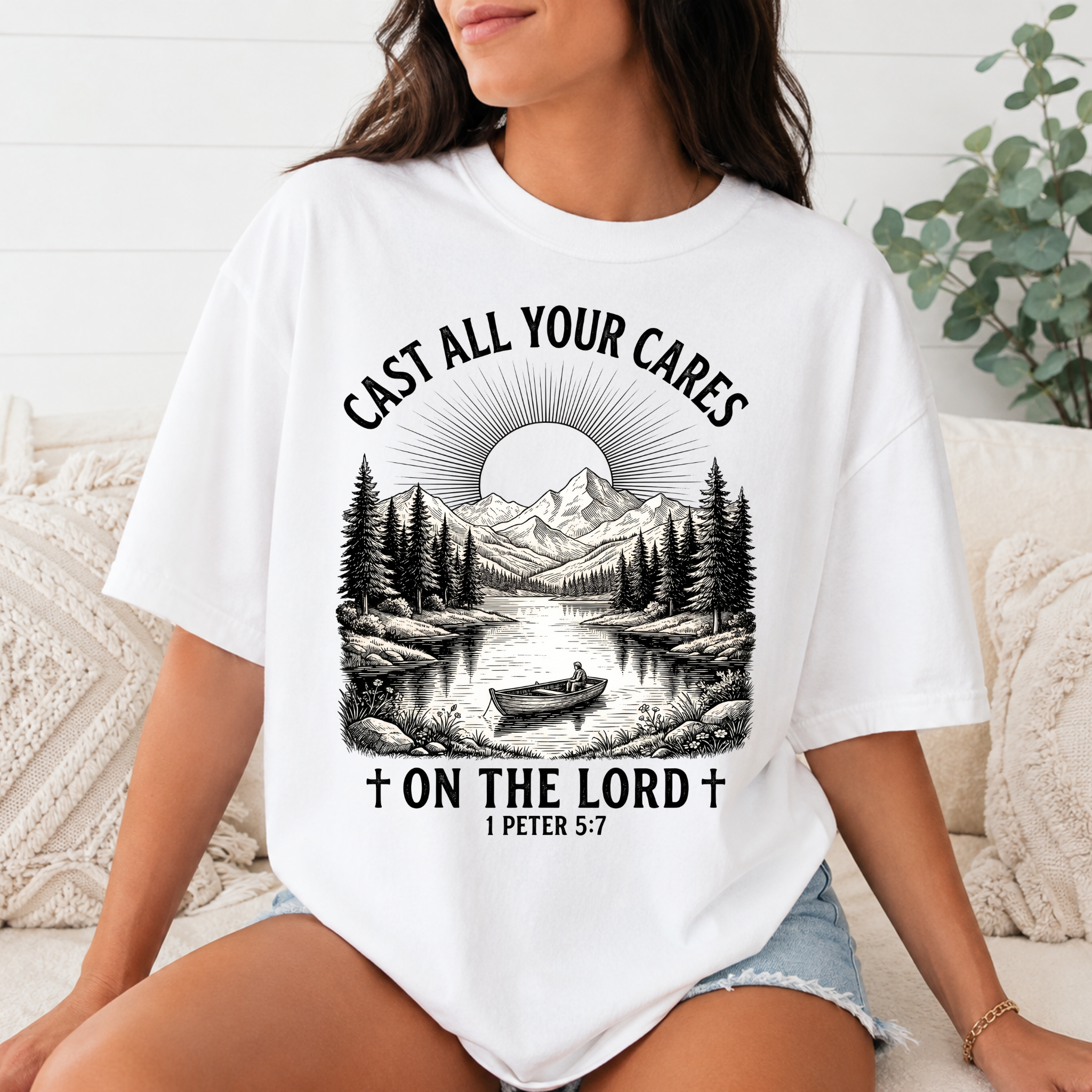 Comfort Colors Cast All Your Cares on the Lord Christian T-Shirt, 1 Peter 5:7 Bible Verse Tee, Mountain Fishing Faith Shirt, Christian Gift