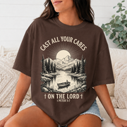 Comfort Colors Cast All Your Cares on the Lord Christian T-Shirt, 1 Peter 5:7 Bible Verse Tee, Mountain Fishing Faith Shirt, Christian Gift