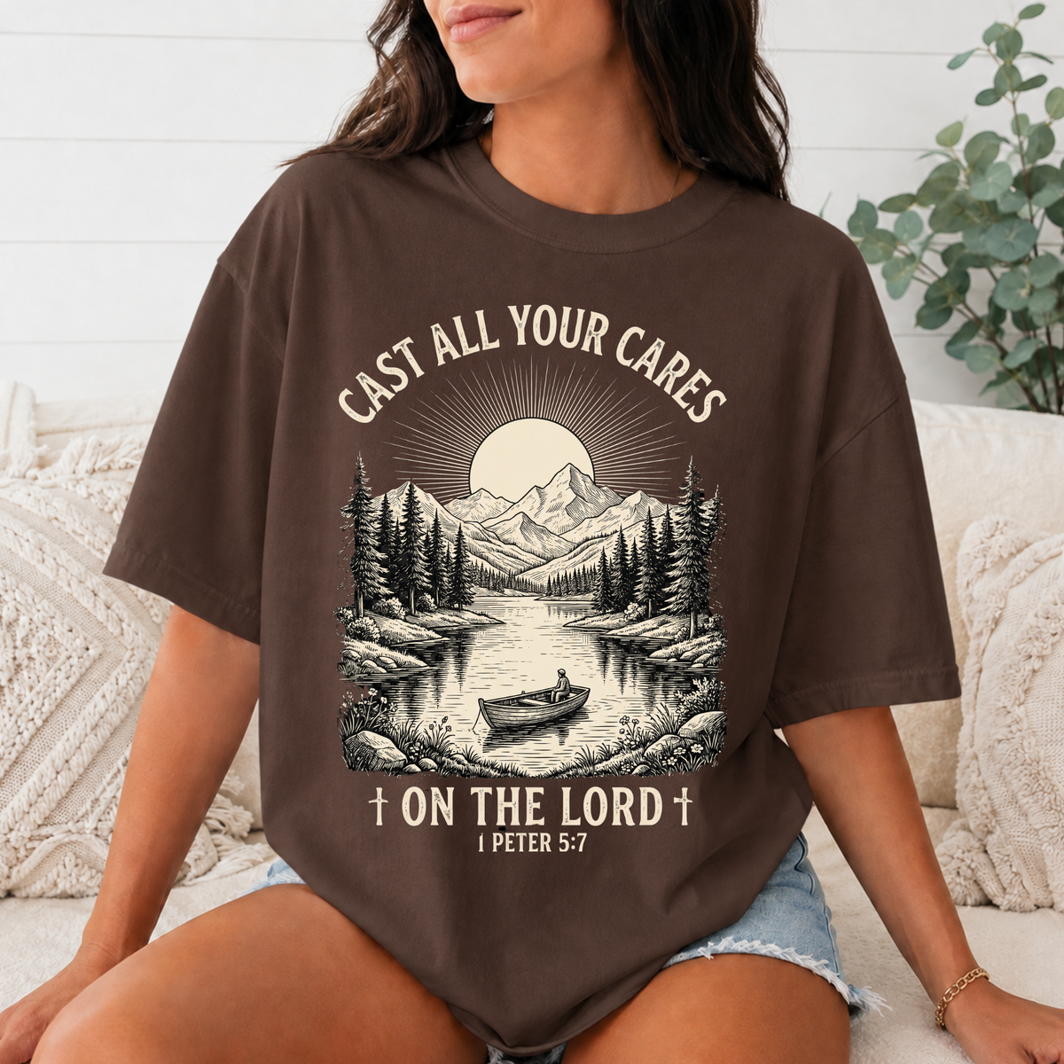 Comfort Colors Cast All Your Cares on the Lord Christian T-Shirt, 1 Peter 5:7 Bible Verse Tee, Mountain Fishing Faith Shirt, Christian Gift