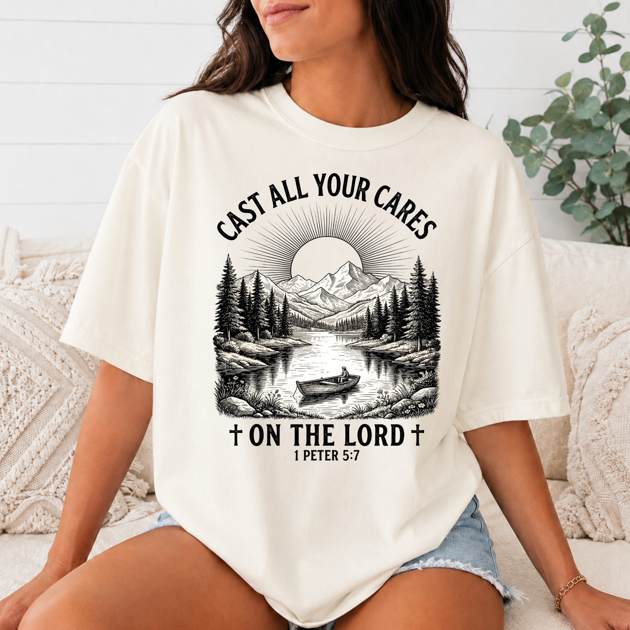 Comfort Colors Cast All Your Cares on the Lord Christian T-Shirt, 1 Peter 5:7 Bible Verse Tee, Mountain Fishing Faith Shirt, Christian Gift