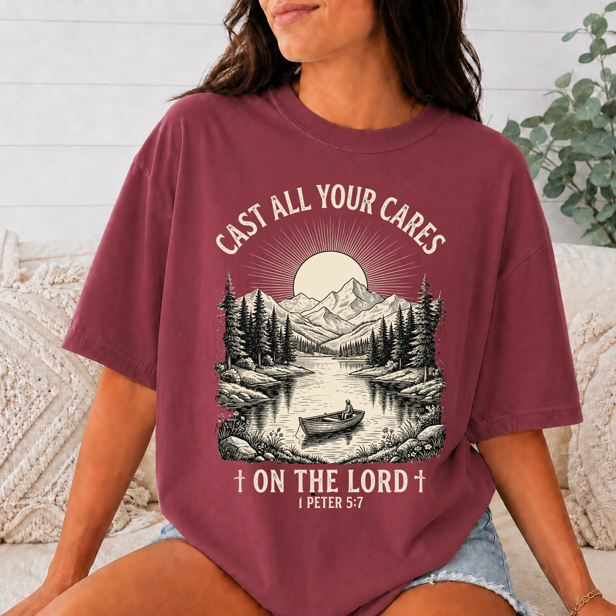 Comfort Colors Cast All Your Cares on the Lord Christian T-Shirt, 1 Peter 5:7 Bible Verse Tee, Mountain Fishing Faith Shirt, Christian Gift