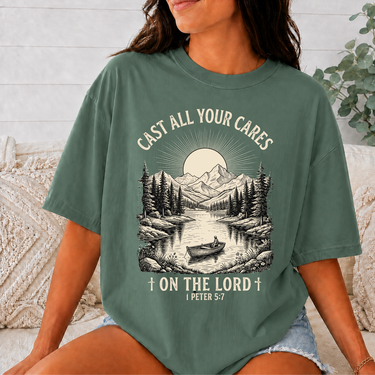 Comfort Colors Cast All Your Cares on the Lord Christian T-Shirt, 1 Peter 5:7 Bible Verse Tee, Mountain Fishing Faith Shirt, Christian Gift
