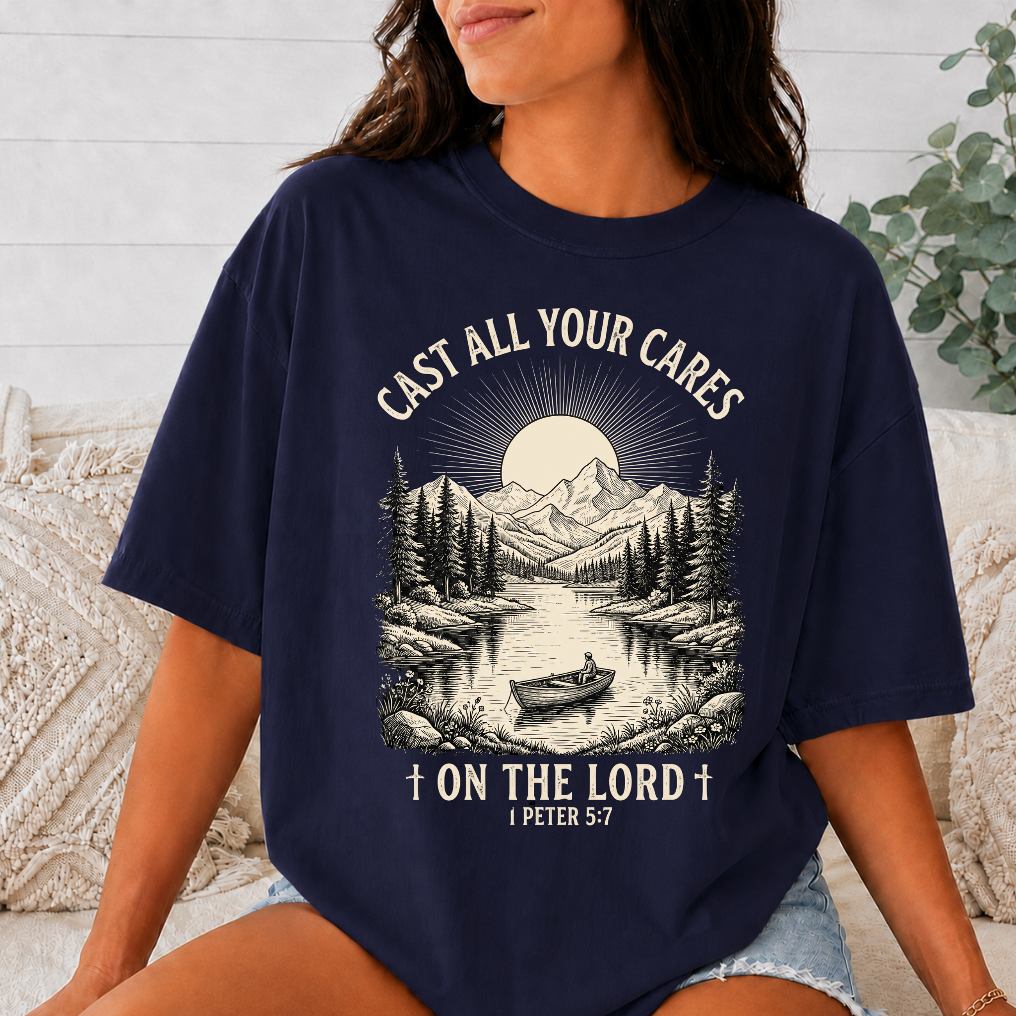 Comfort Colors Cast All Your Cares on the Lord Christian T-Shirt, 1 Peter 5:7 Bible Verse Tee, Mountain Fishing Faith Shirt, Christian Gift