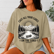 Comfort Colors Cast All Your Cares on the Lord Christian T-Shirt, 1 Peter 5:7 Bible Verse Tee, Mountain Fishing Faith Shirt, Christian Gift