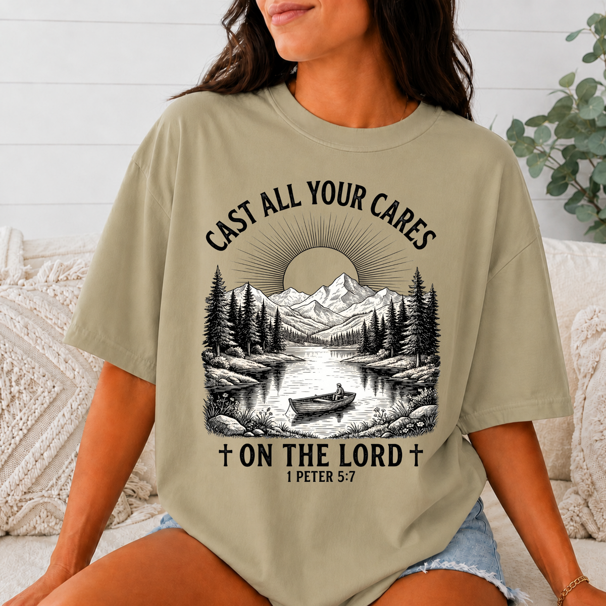 Comfort Colors Cast All Your Cares on the Lord Christian T-Shirt, 1 Peter 5:7 Bible Verse Tee, Mountain Fishing Faith Shirt, Christian Gift