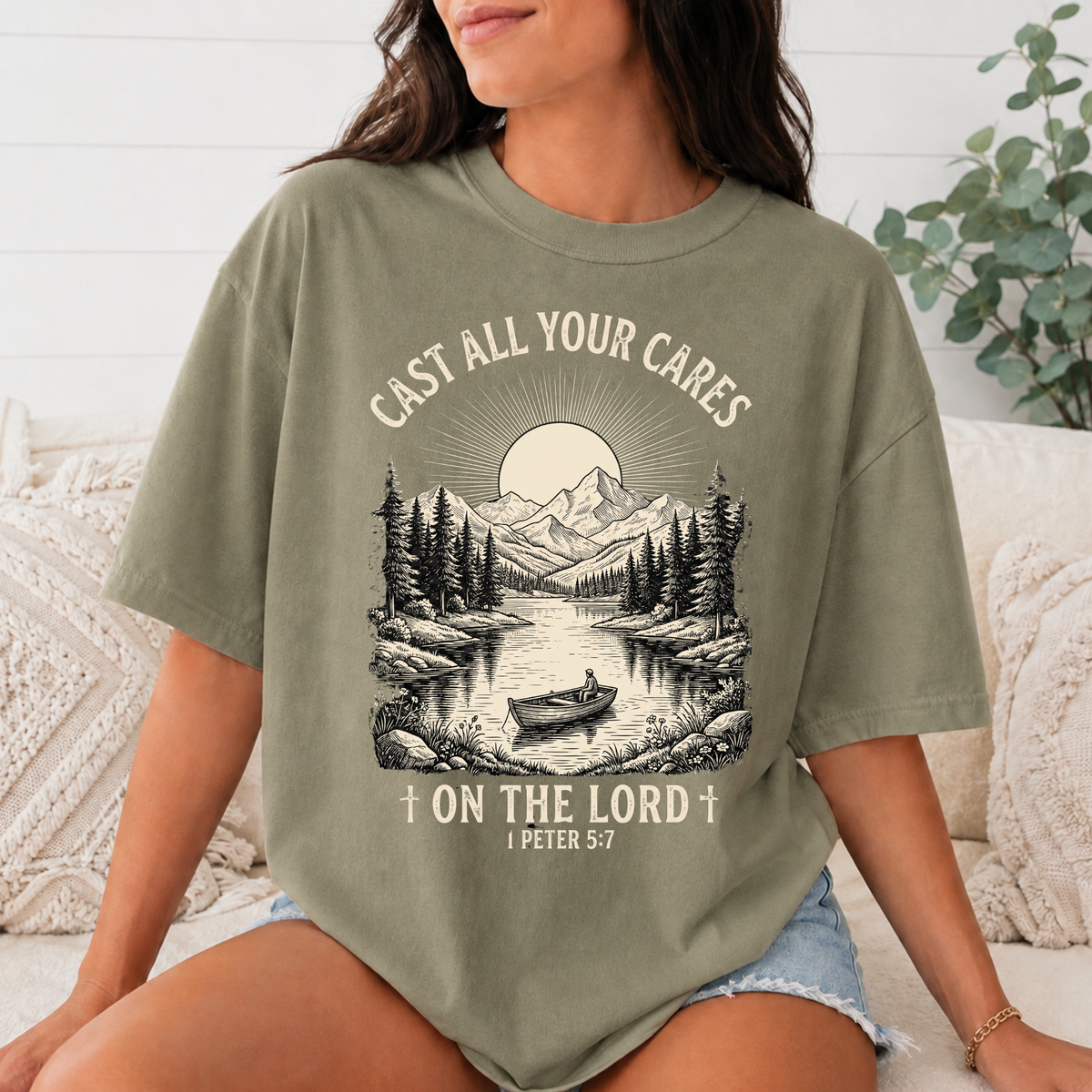 Comfort Colors Cast All Your Cares on the Lord Christian T-Shirt, 1 Peter 5:7 Bible Verse Tee, Mountain Fishing Faith Shirt, Christian Gift
