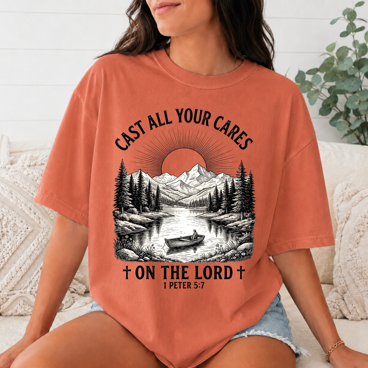 Comfort Colors Cast All Your Cares on the Lord Christian T-Shirt, 1 Peter 5:7 Bible Verse Tee, Mountain Fishing Faith Shirt, Christian Gift