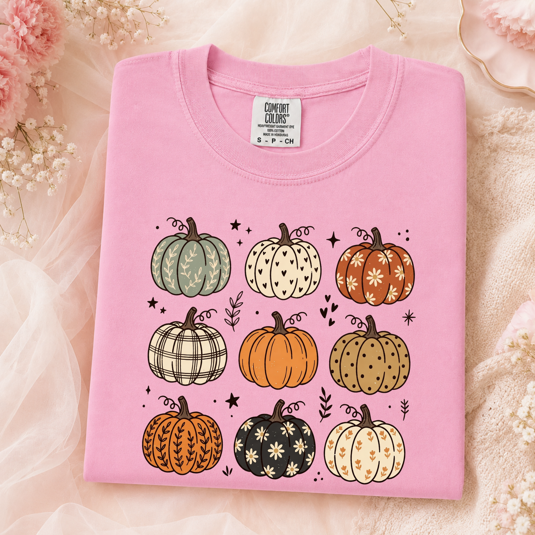 Comfort Colors Fall Pumpkin T-Shirt, Cute Autumn Pumpkin Graphic Tee, Boho Floral Plaid Pumpkin Shirt, Thanksgiving Fall Season Gift