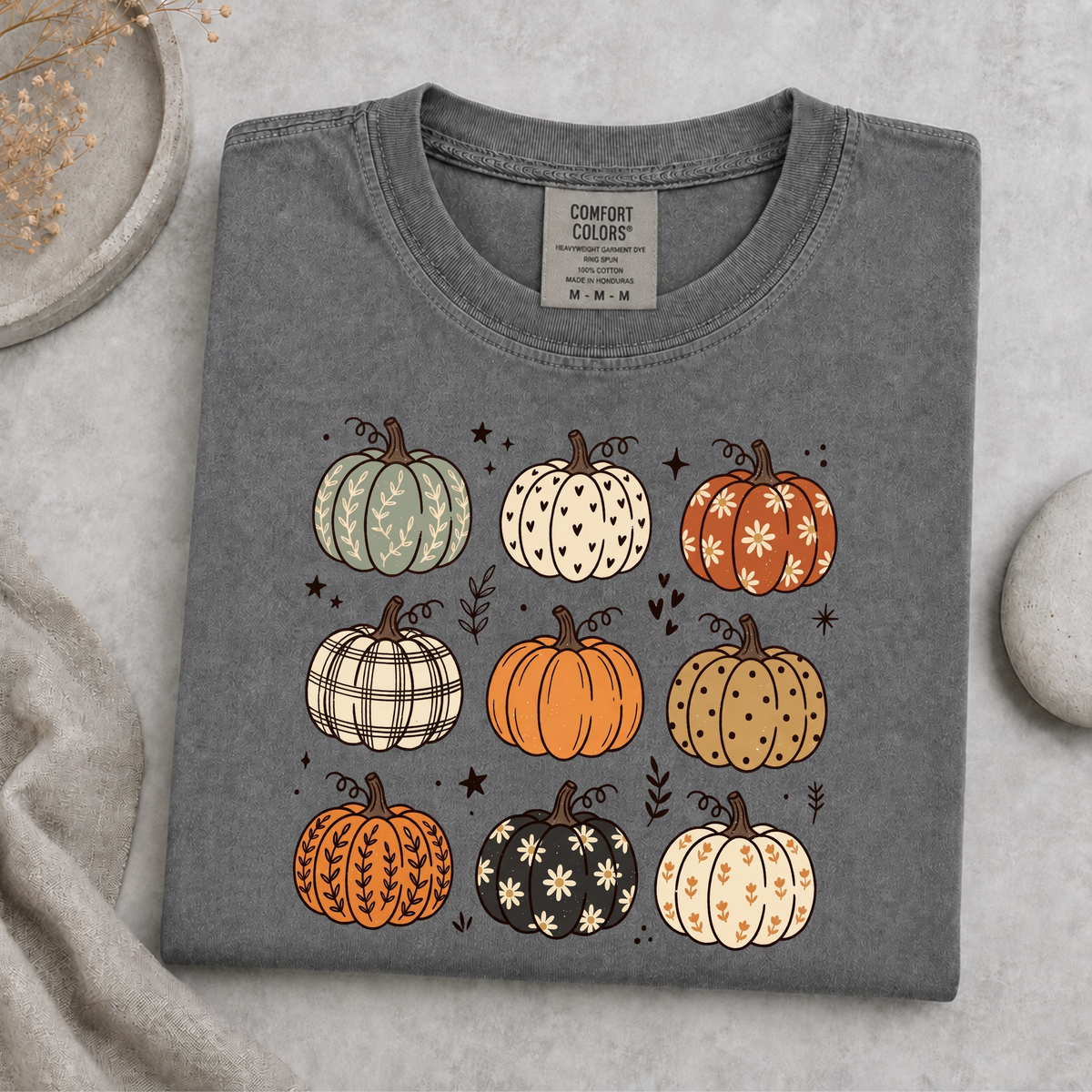 Comfort Colors Fall Pumpkin T-Shirt, Cute Autumn Pumpkin Graphic Tee, Boho Floral Plaid Pumpkin Shirt, Thanksgiving Fall Season Gift