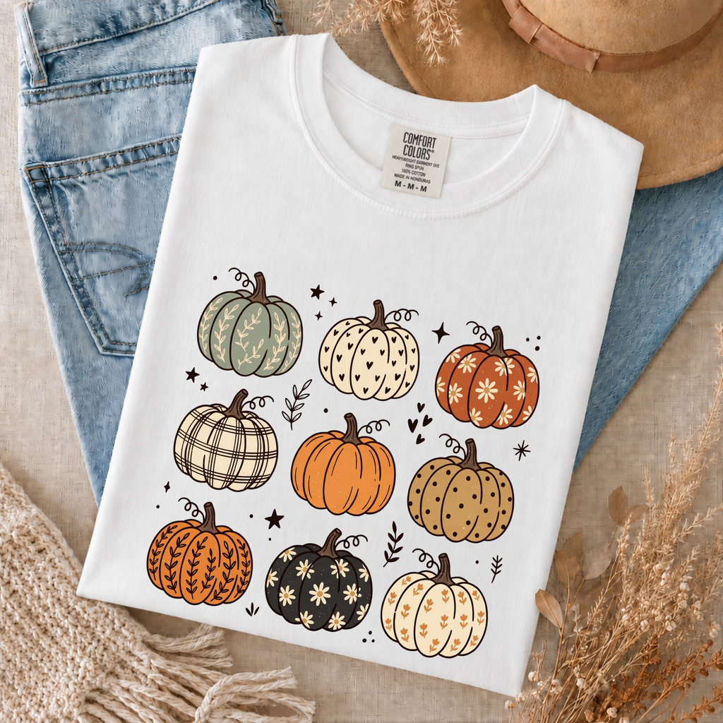 Comfort Colors Fall Pumpkin T-Shirt, Cute Autumn Pumpkin Graphic Tee, Boho Floral Plaid Pumpkin Shirt, Thanksgiving Fall Season Gift