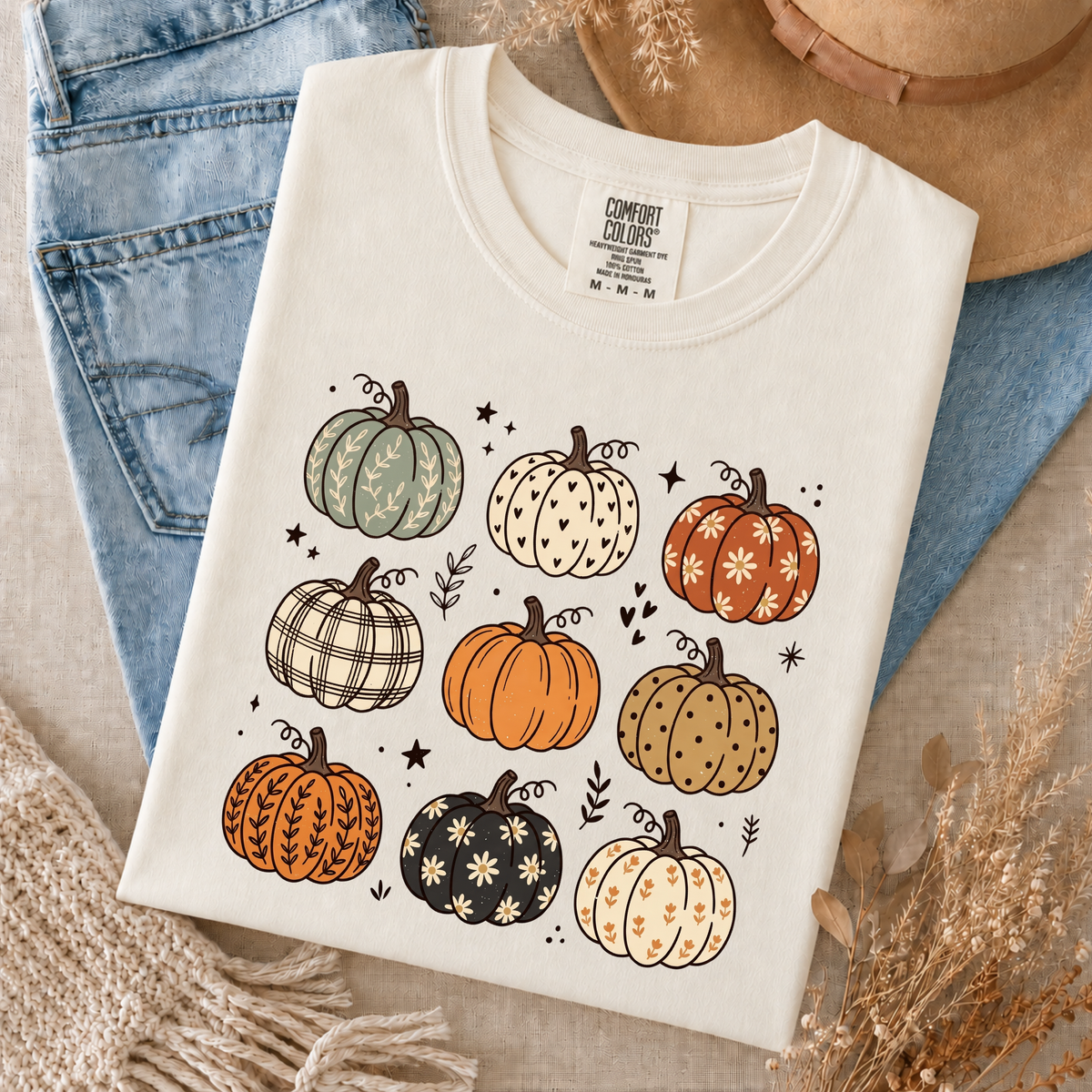Comfort Colors Fall Pumpkin T-Shirt, Cute Autumn Pumpkin Graphic Tee, Boho Floral Plaid Pumpkin Shirt, Thanksgiving Fall Season Gift