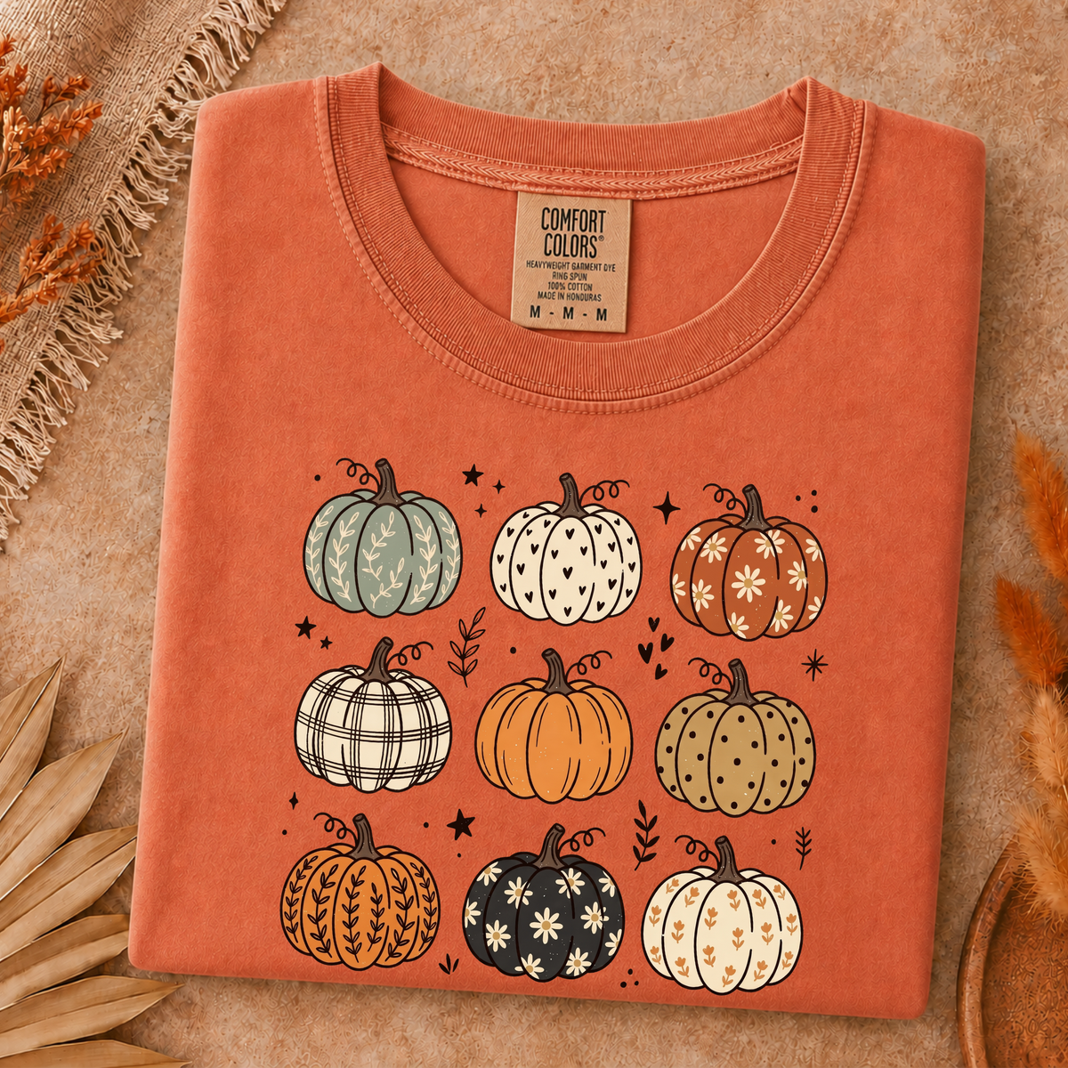 Comfort Colors Fall Pumpkin T-Shirt, Cute Autumn Pumpkin Graphic Tee, Boho Floral Plaid Pumpkin Shirt, Thanksgiving Fall Season Gift