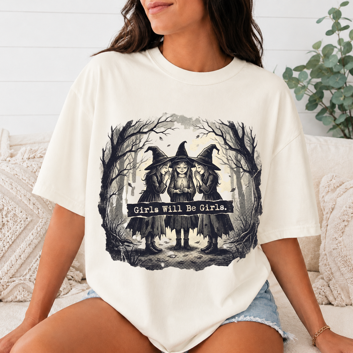Comfort Colors Girls Will Be Girls Halloween T-Shirt, Vintage Witch Sisters Tee, Spooky Coven Graphic Shirt, Witchy Gothic Fall Gift