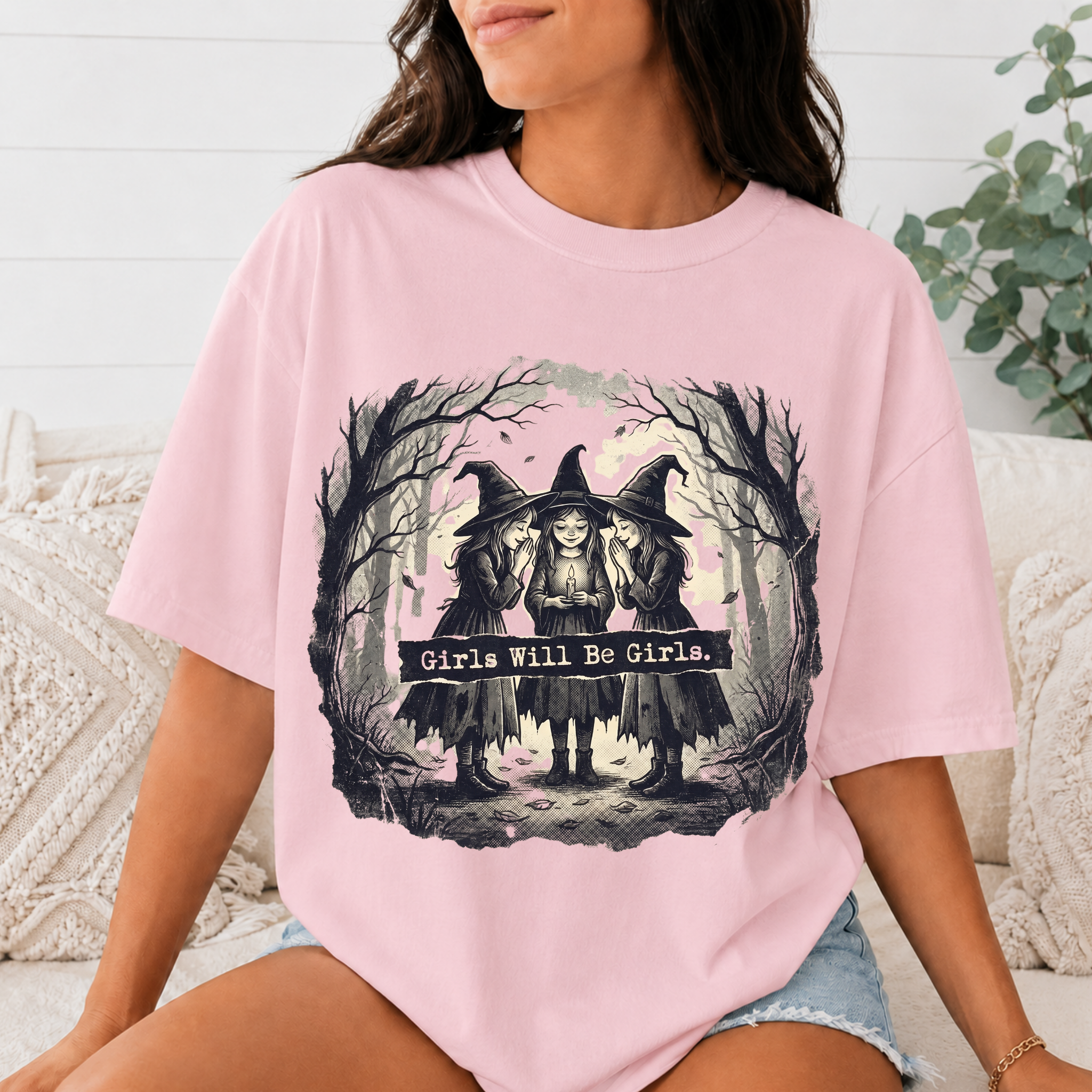 Comfort Colors Girls Will Be Girls Halloween T-Shirt, Vintage Witch Sisters Tee, Spooky Coven Graphic Shirt, Witchy Gothic Fall Gift