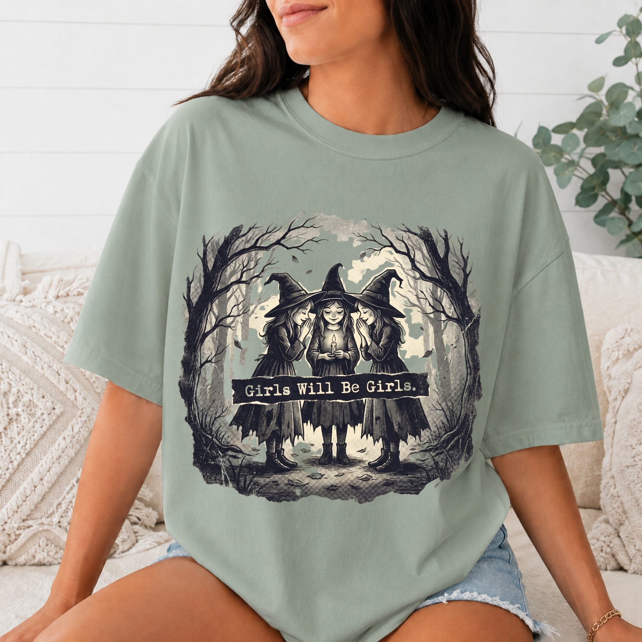Comfort Colors Girls Will Be Girls Halloween T-Shirt, Vintage Witch Sisters Tee, Spooky Coven Graphic Shirt, Witchy Gothic Fall Gift