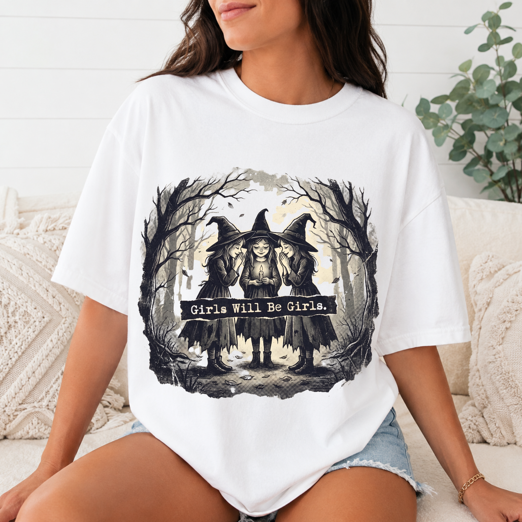 Comfort Colors Girls Will Be Girls Halloween T-Shirt, Vintage Witch Sisters Tee, Spooky Coven Graphic Shirt, Witchy Gothic Fall Gift