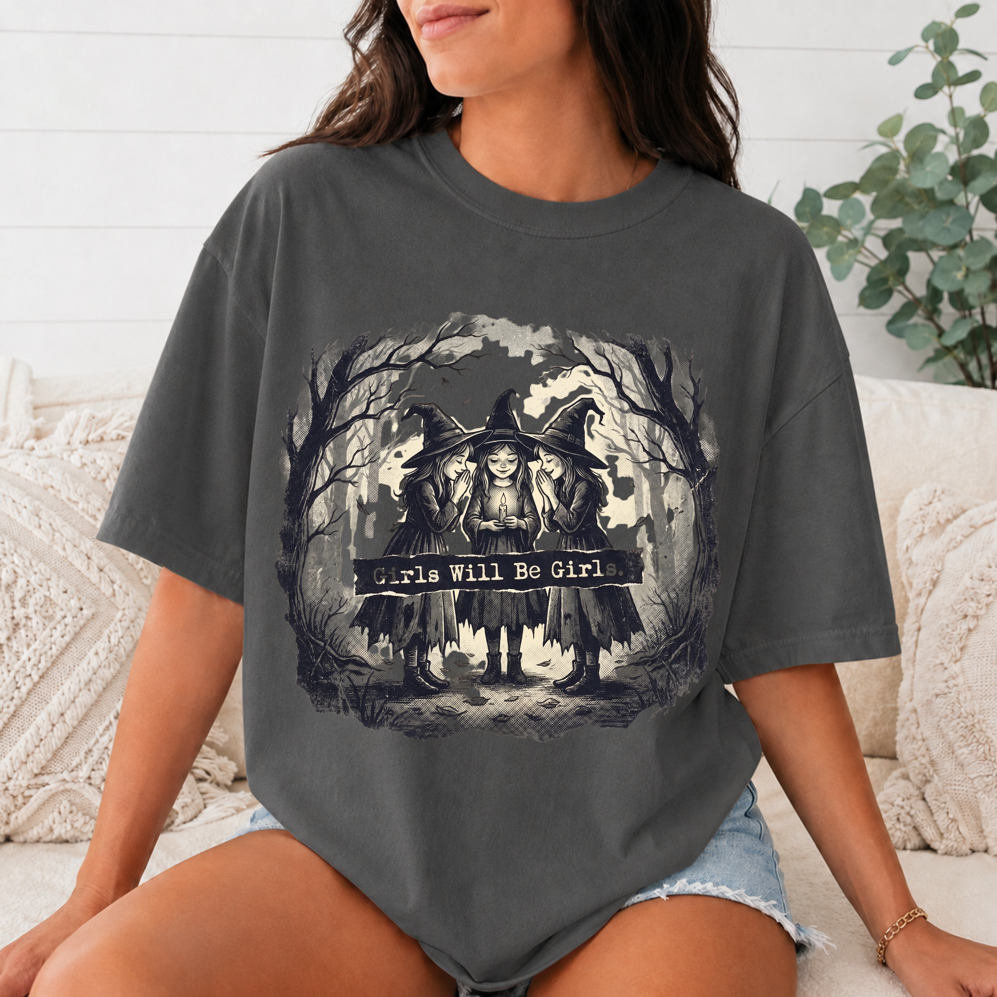 Comfort Colors Girls Will Be Girls Halloween T-Shirt, Vintage Witch Sisters Tee, Spooky Coven Graphic Shirt, Witchy Gothic Fall Gift