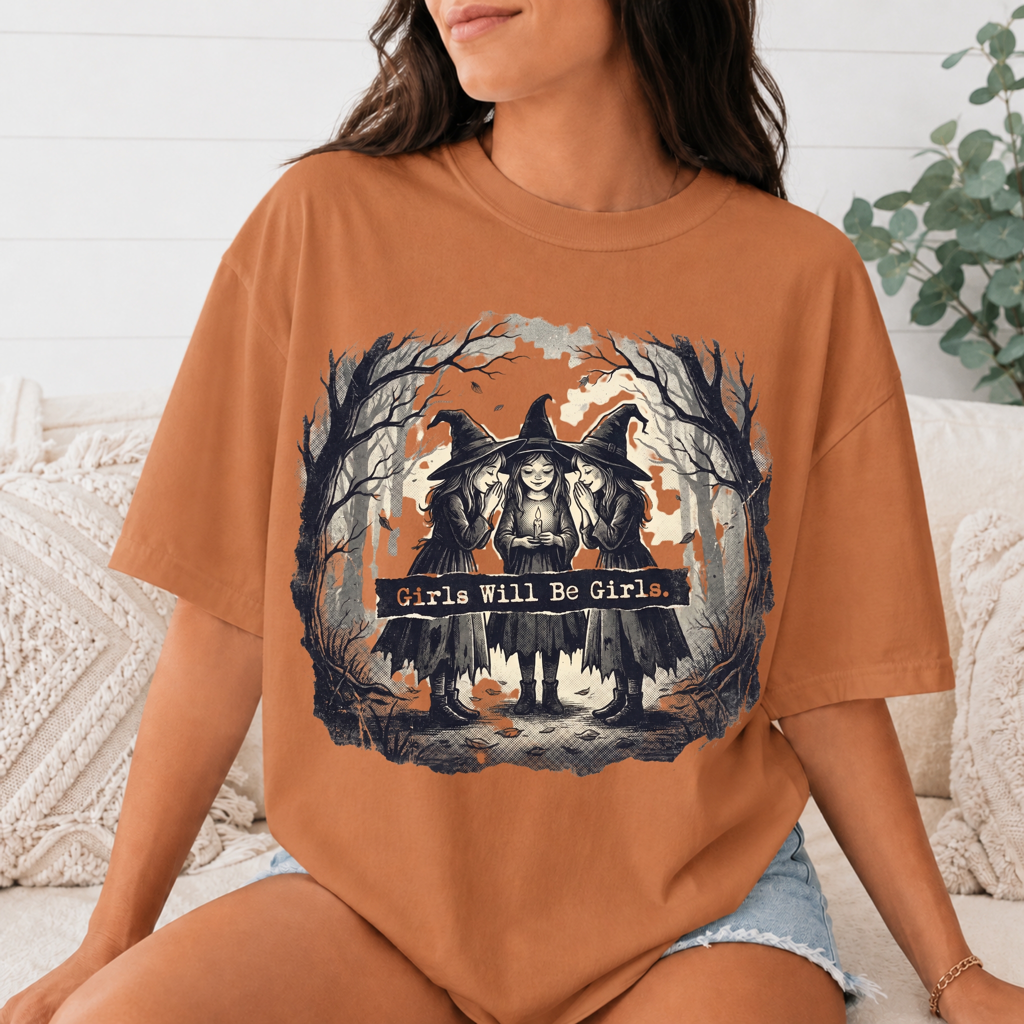 Comfort Colors Girls Will Be Girls Halloween T-Shirt, Vintage Witch Sisters Tee, Spooky Coven Graphic Shirt, Witchy Gothic Fall Gift