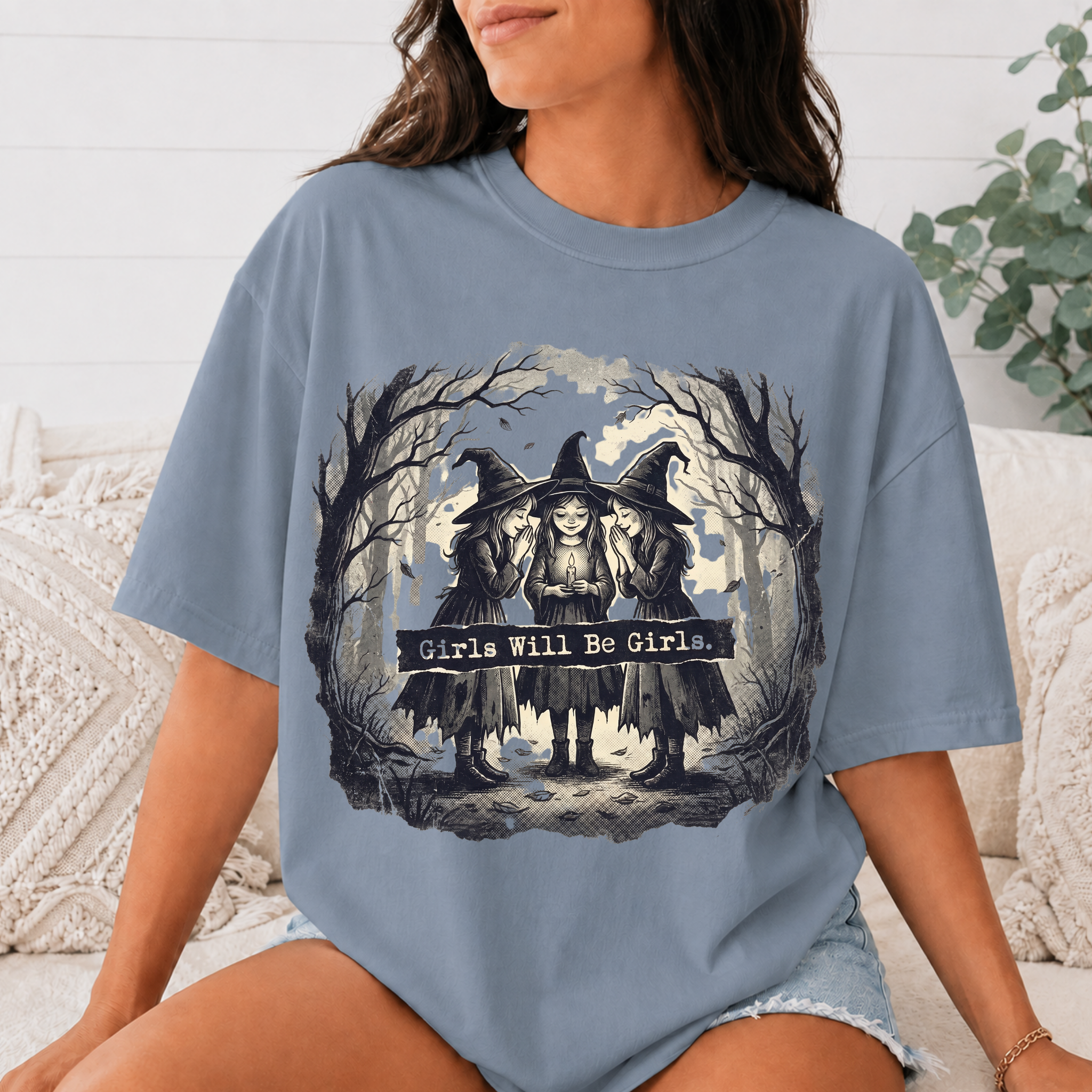 Comfort Colors Girls Will Be Girls Halloween T-Shirt, Vintage Witch Sisters Tee, Spooky Coven Graphic Shirt, Witchy Gothic Fall Gift