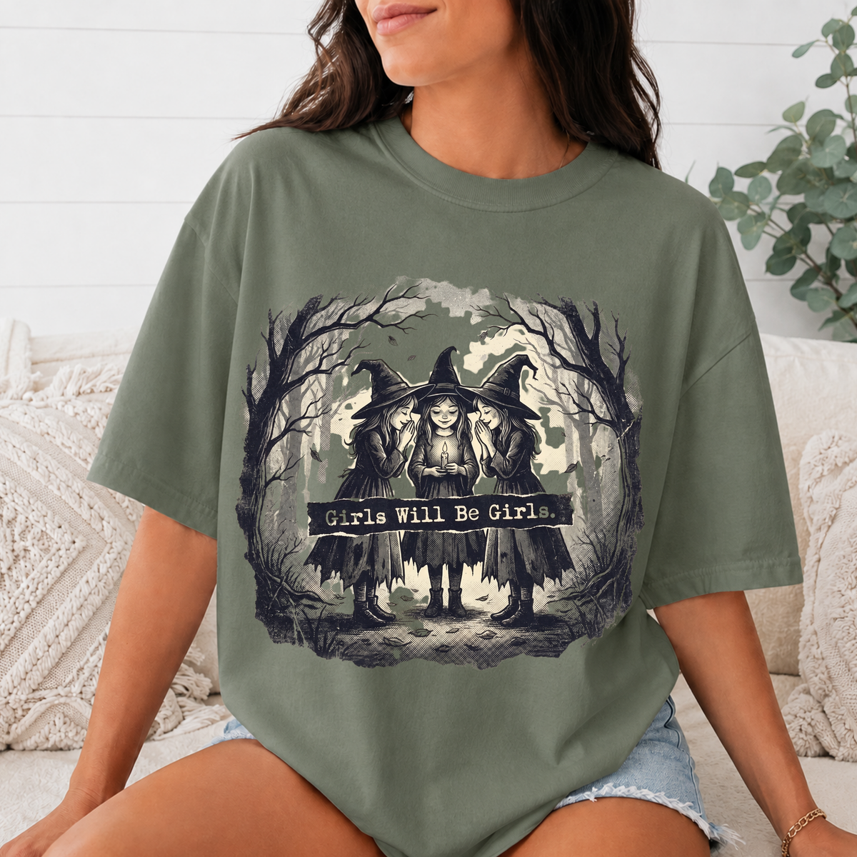 Comfort Colors Girls Will Be Girls Halloween T-Shirt, Vintage Witch Sisters Tee, Spooky Coven Graphic Shirt, Witchy Gothic Fall Gift