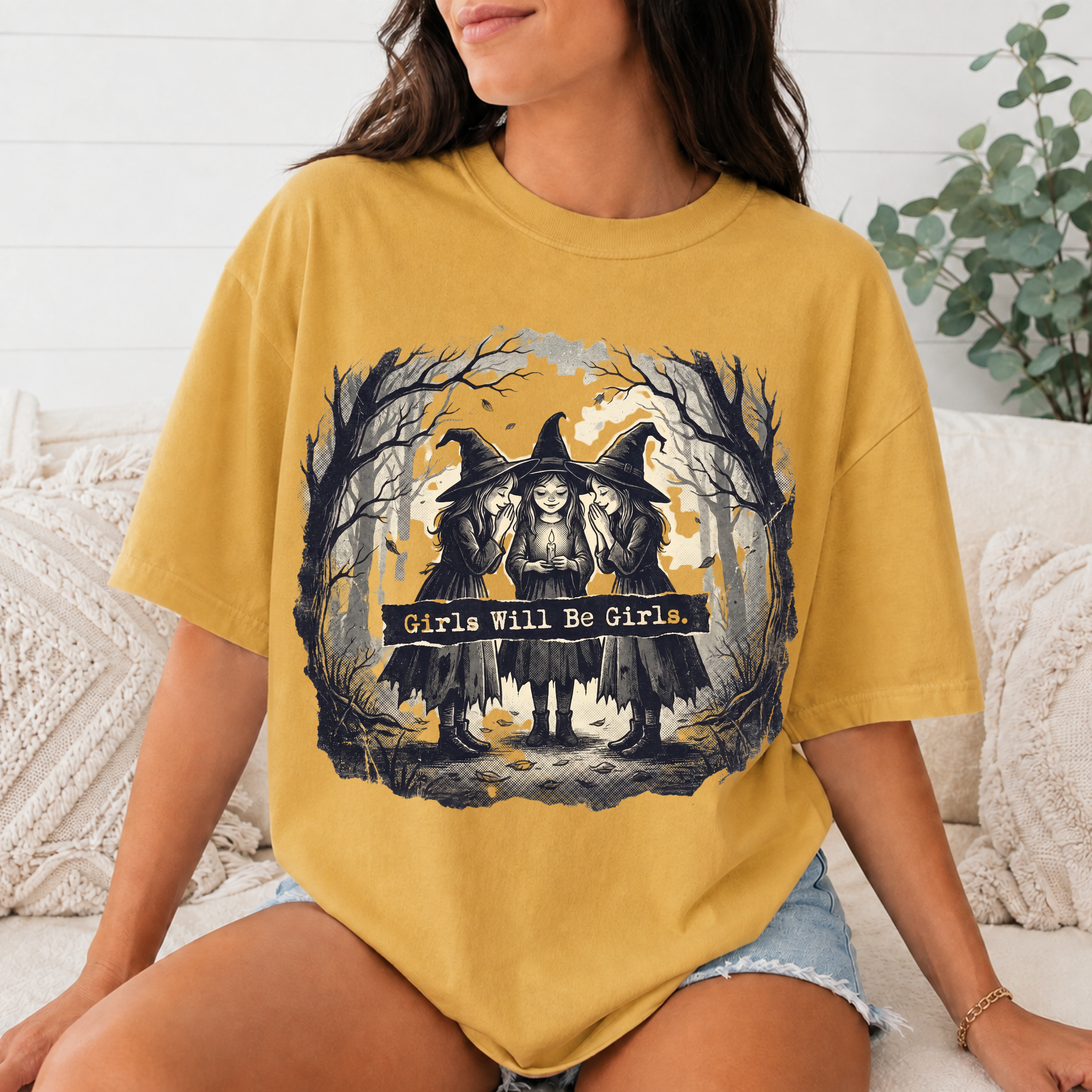 Comfort Colors Girls Will Be Girls Halloween T-Shirt, Vintage Witch Sisters Tee, Spooky Coven Graphic Shirt, Witchy Gothic Fall Gift
