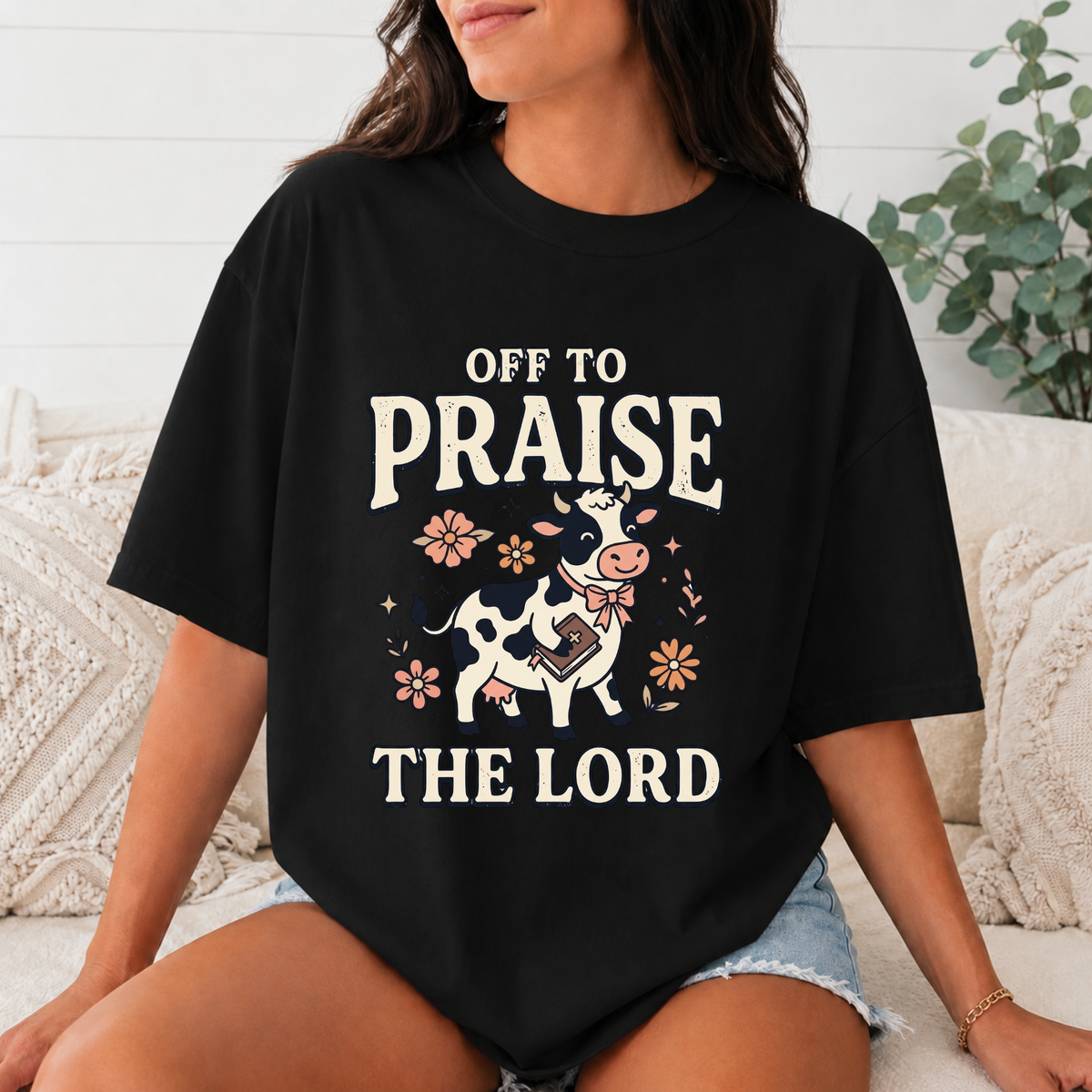 Comfort Colors Off to Praise the Lord Christian T-Shirt, Cute Cow Bible Tee, Floral Faith Graphic Shirt, Western Christian Gift