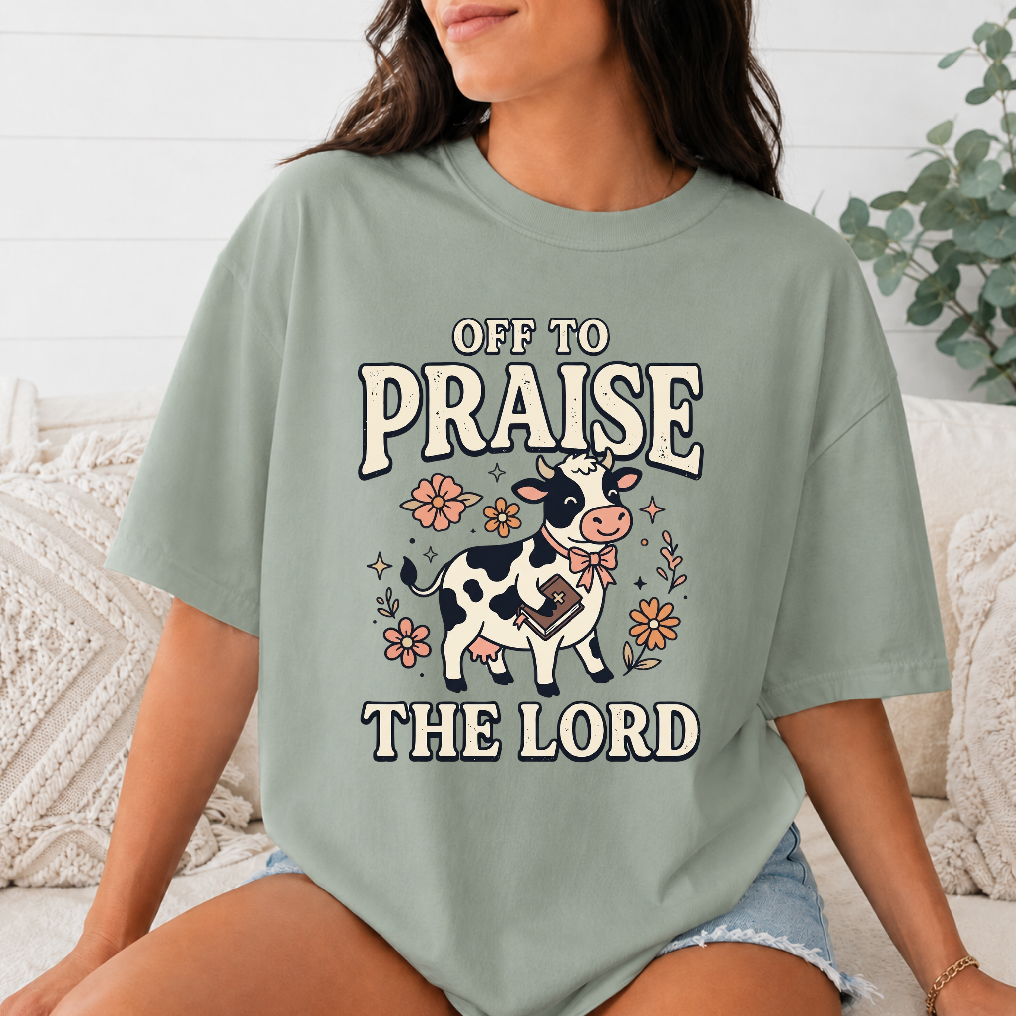 Comfort Colors Off to Praise the Lord Christian T-Shirt, Cute Cow Bible Tee, Floral Faith Graphic Shirt, Western Christian Gift