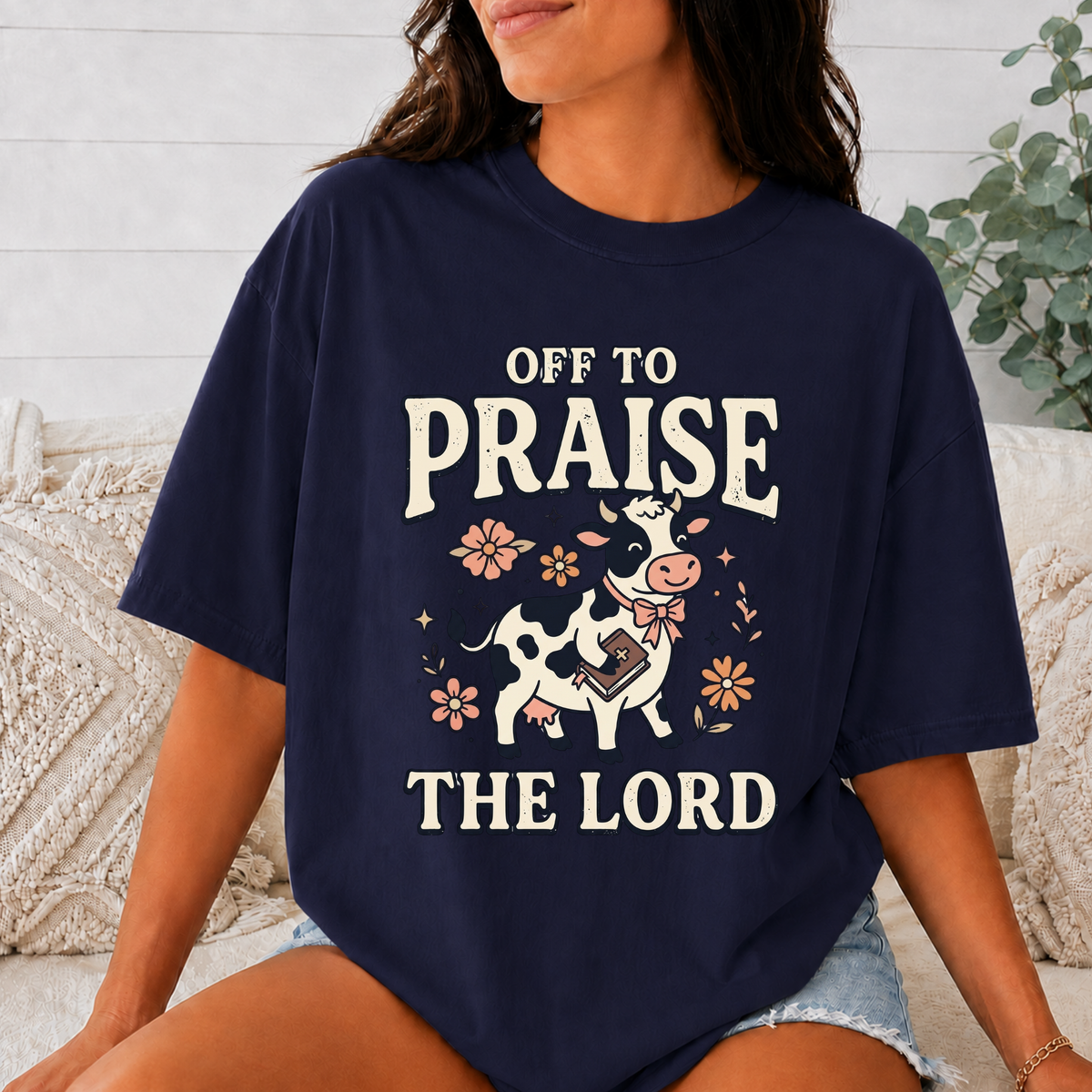 Comfort Colors Off to Praise the Lord Christian T-Shirt, Cute Cow Bible Tee, Floral Faith Graphic Shirt, Western Christian Gift