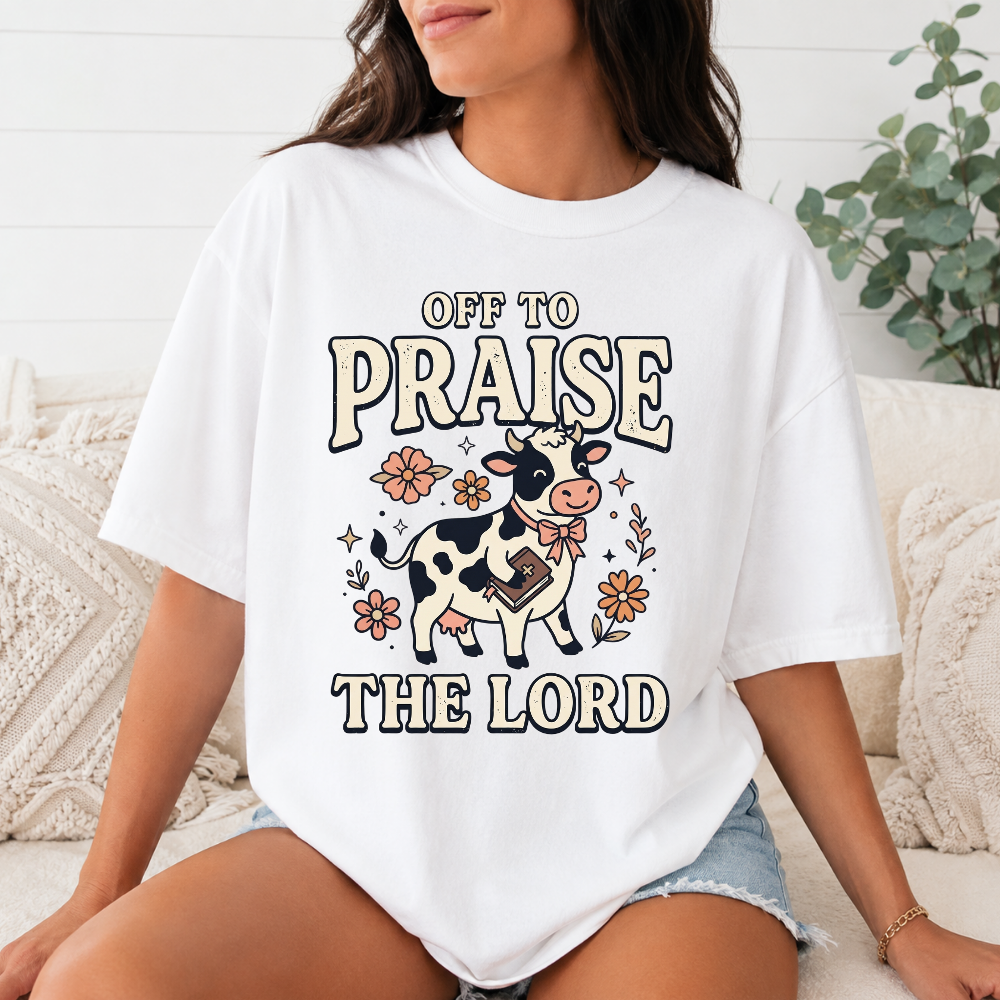Comfort Colors Off to Praise the Lord Christian T-Shirt, Cute Cow Bible Tee, Floral Faith Graphic Shirt, Western Christian Gift