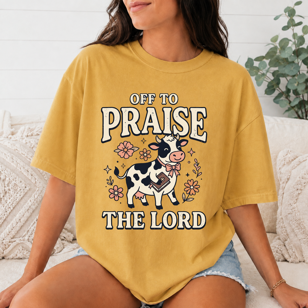 Comfort Colors Off to Praise the Lord Christian T-Shirt, Cute Cow Bible Tee, Floral Faith Graphic Shirt, Western Christian Gift